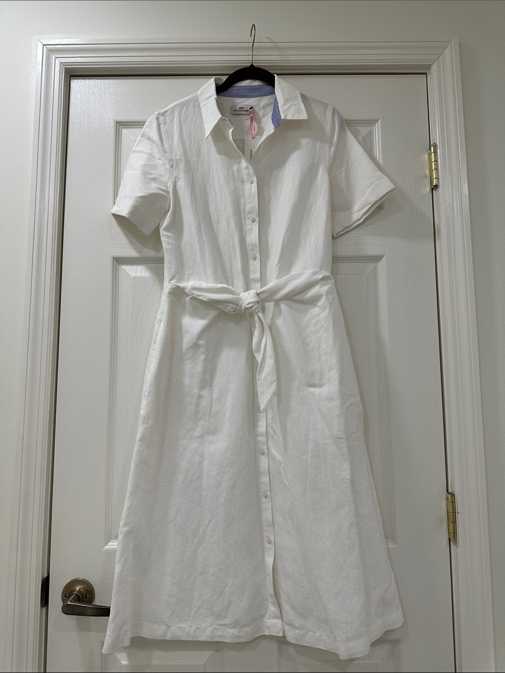 Vineyard Vines Linen/Cotton White Button-Front Tie-Waist Midi Dress